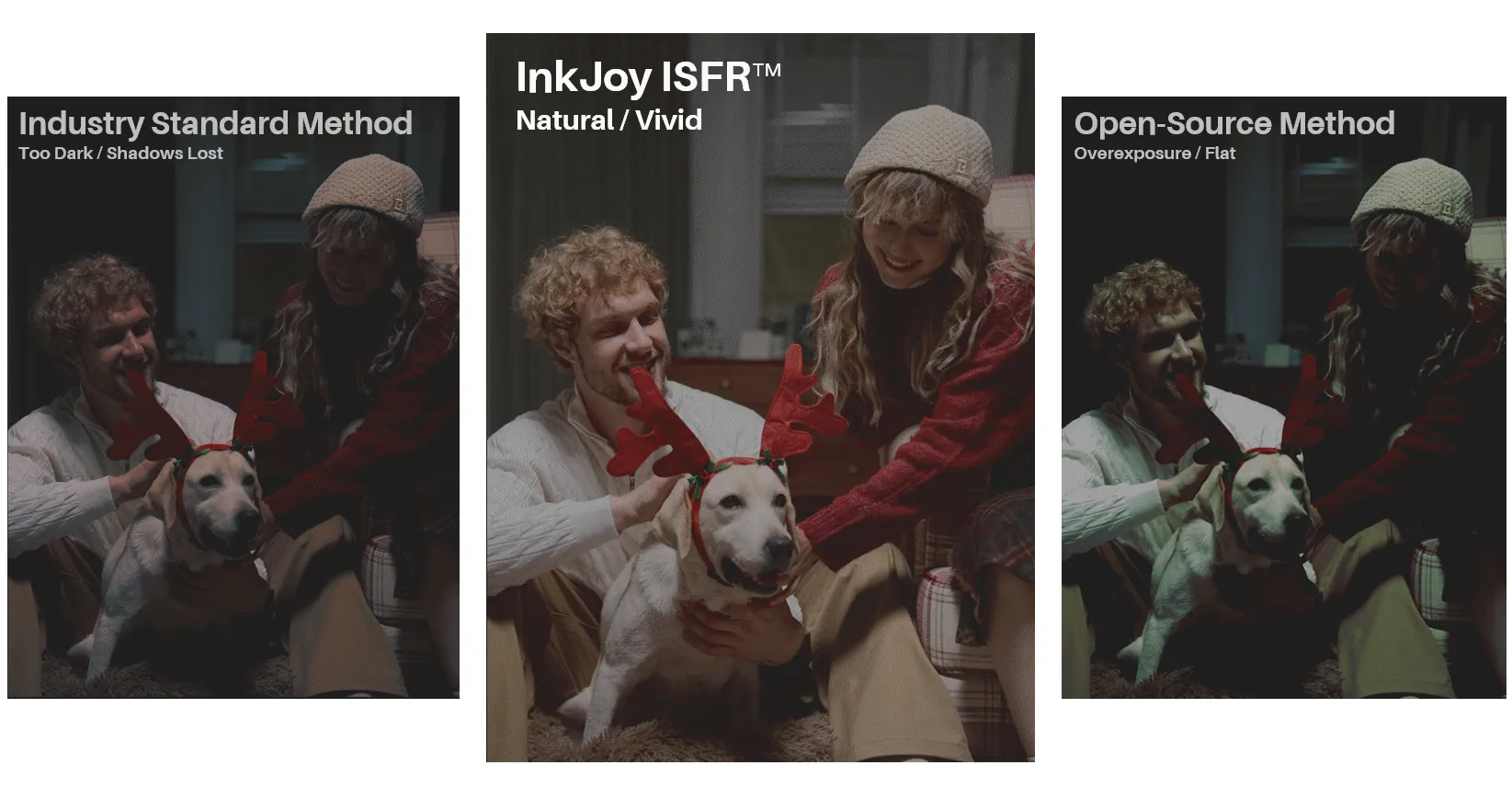 Side-by-side comparison: industry standard is too dark, InkJoy ISFR looks natural and vivid, open-source method looks overexposed and flat.