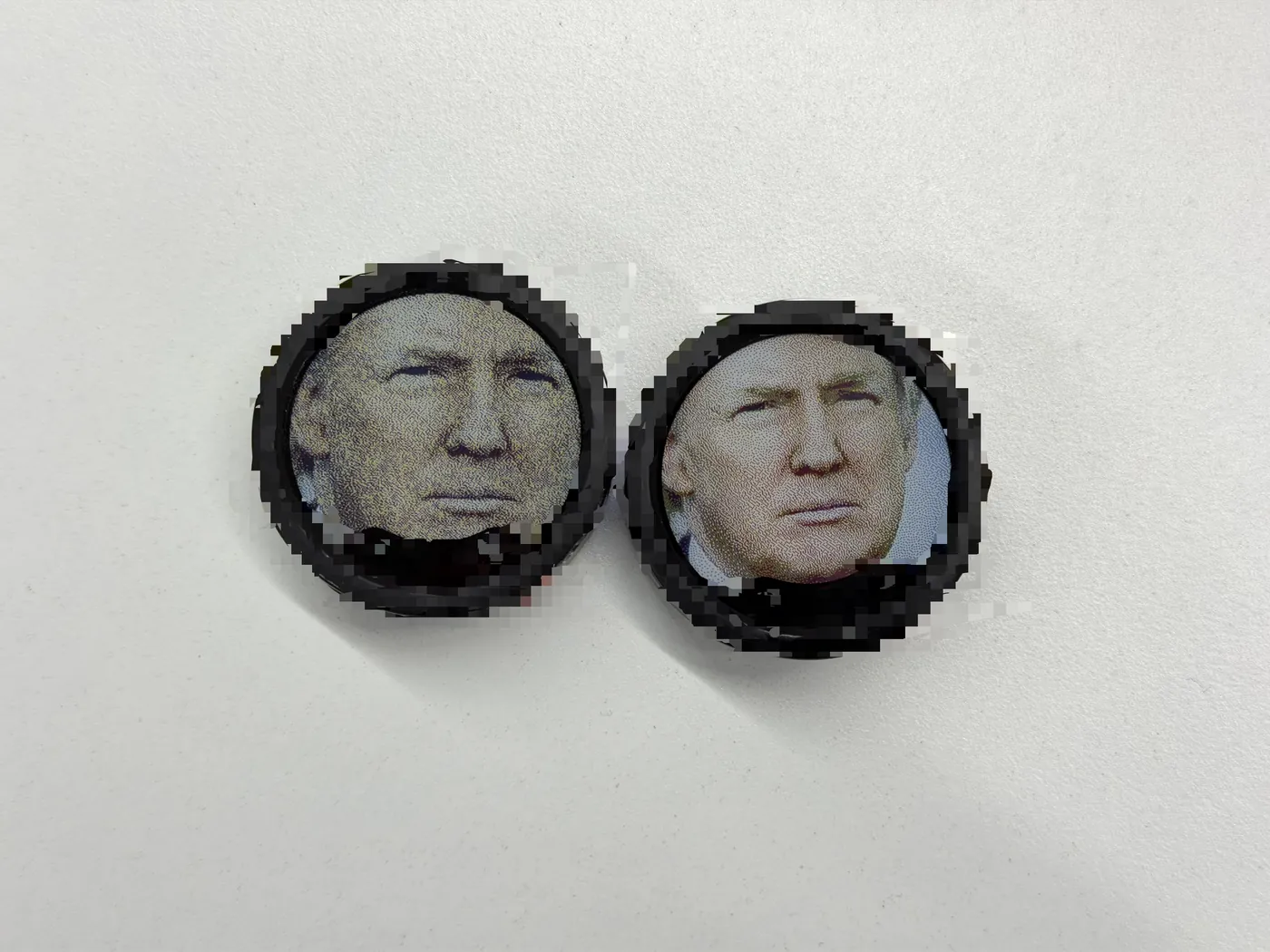 Two small round color ePaper modules showing the same portrait with and without improved InkJoy rendering.